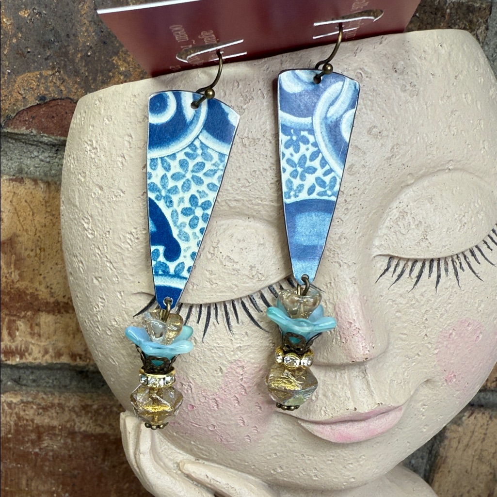 Blue And White Vintage Tin  Glass Dangle Earrings